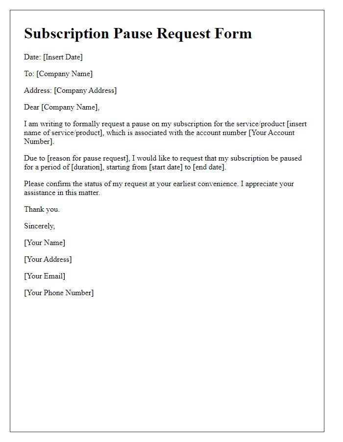 Letter template of subscription pause request form