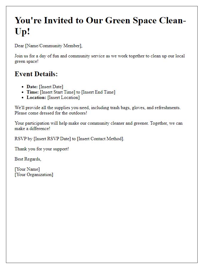 Letter template of Green Space Clean-Up Invitation