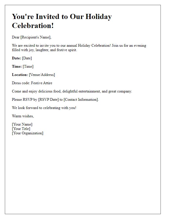 Letter template of Holiday Celebration Invitation