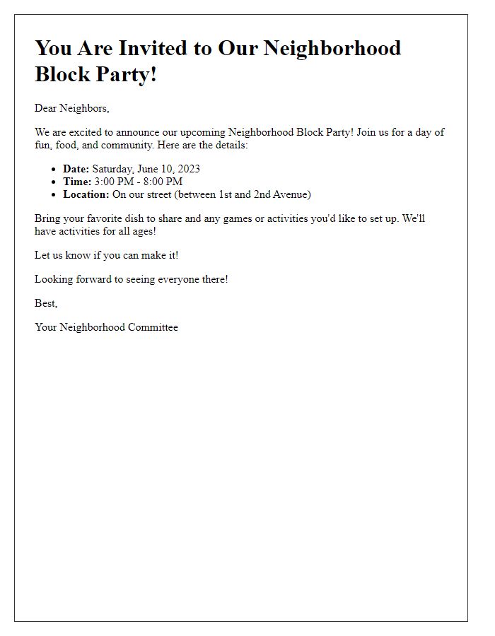 Letter template of Neighborhood Block Party Invitation