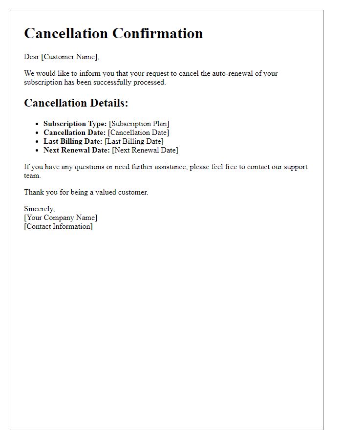 Letter template of auto-renewal cancellation details