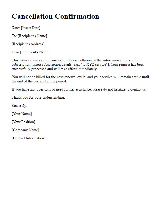 Letter template of confirmation for cancellation of auto-renewal