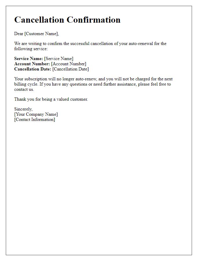 Letter template of successful cancellation of auto-renewal