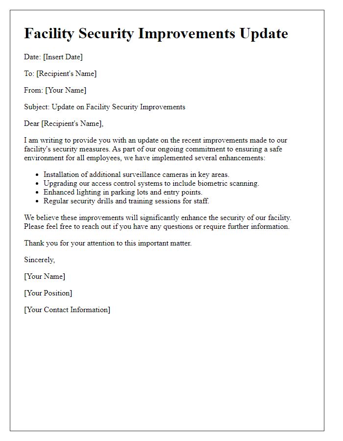 Letter template of facility security improvements update