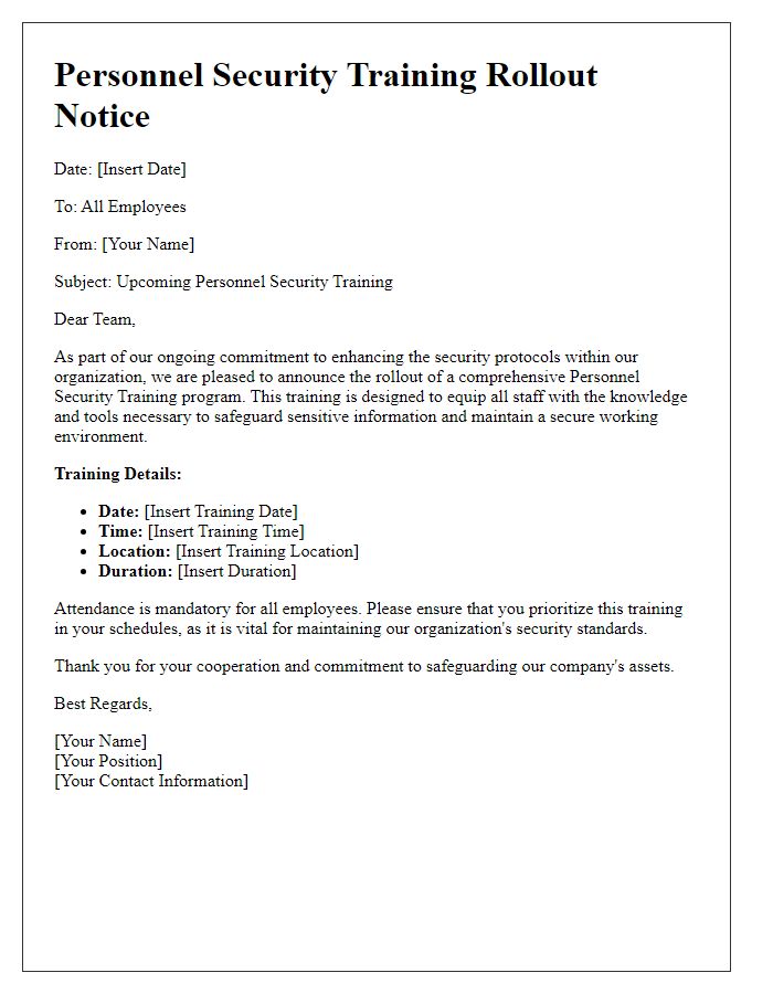 Letter template of personnel security training rollout notice