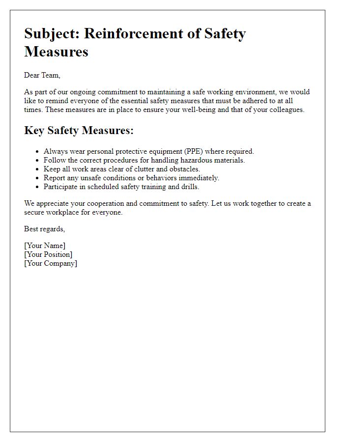 Letter template of safety measure reinforcement communication