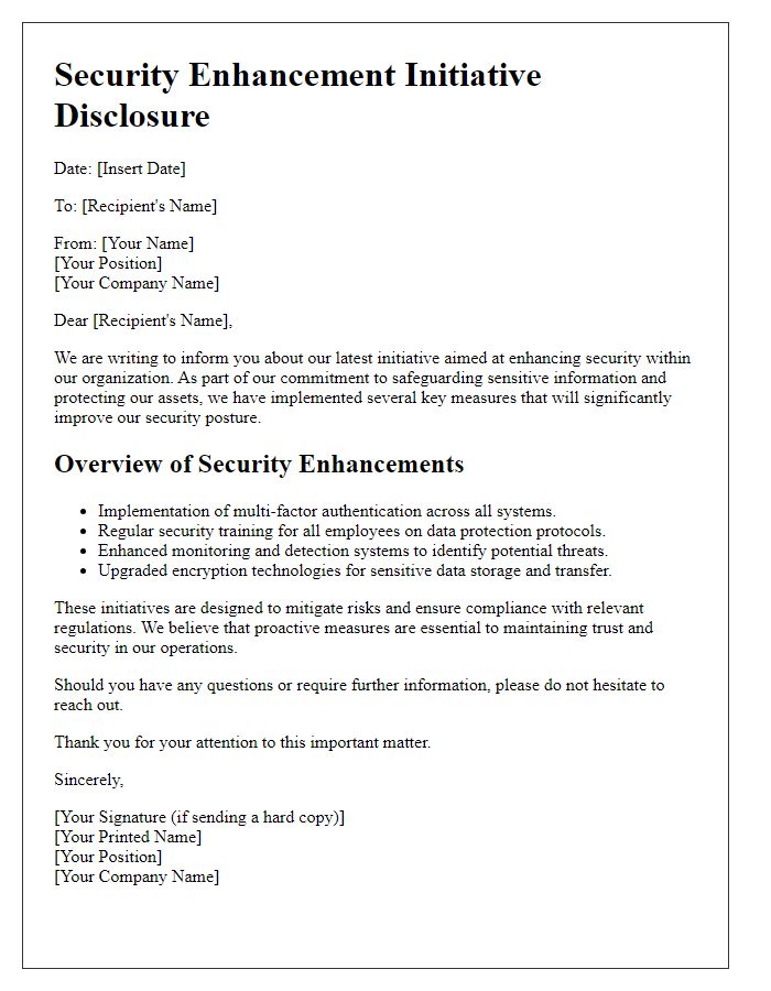 Letter template of security enhancement initiative disclosure