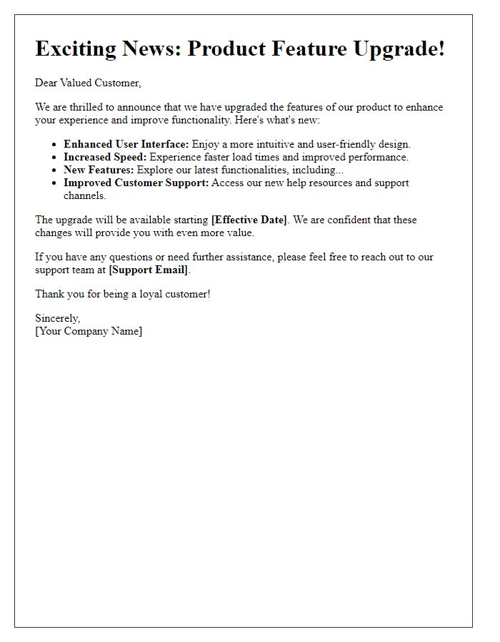 Letter template of Product Feature Upgrade Announcement