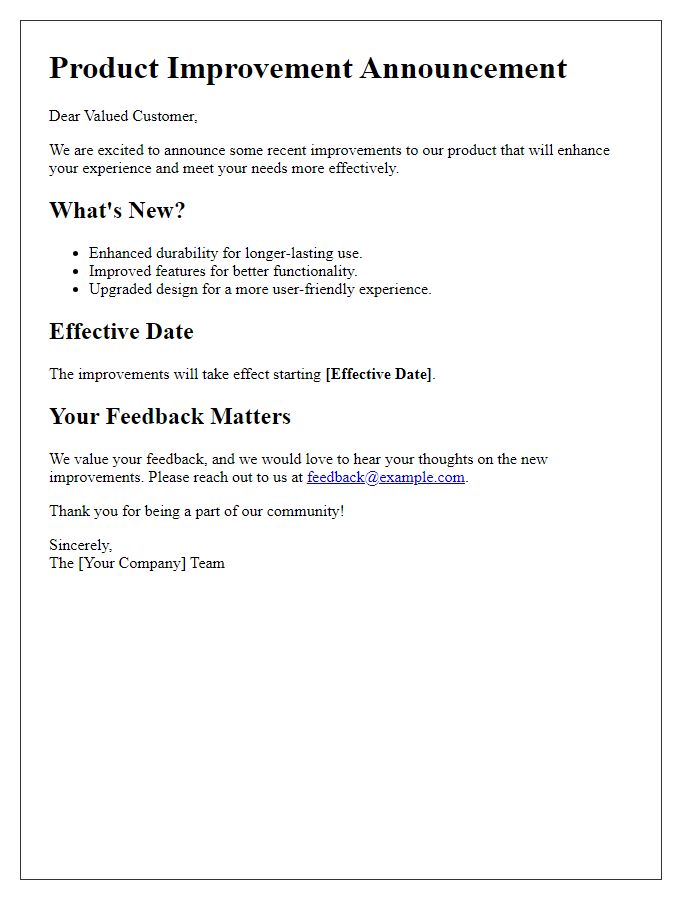 Letter template of Product Improvement Announcement