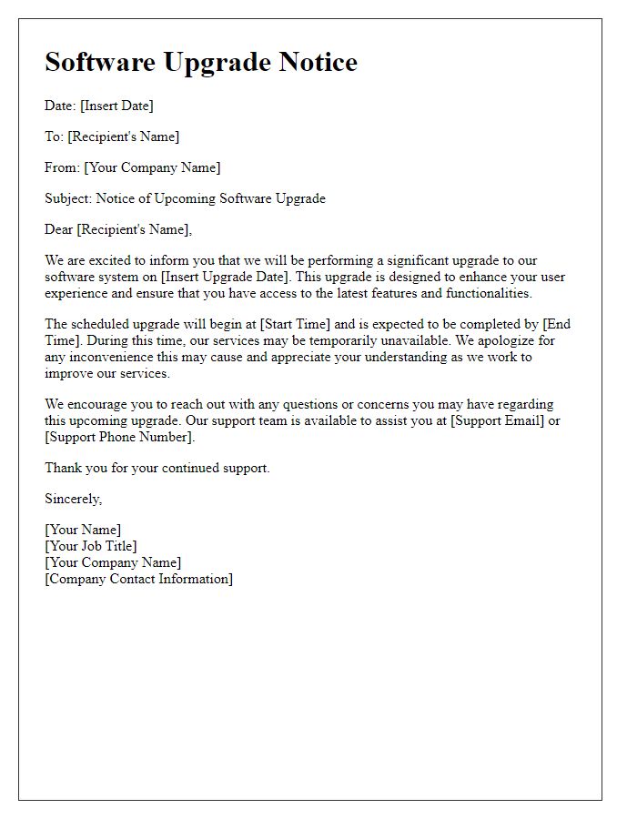 Letter template of Software Upgrade Notice