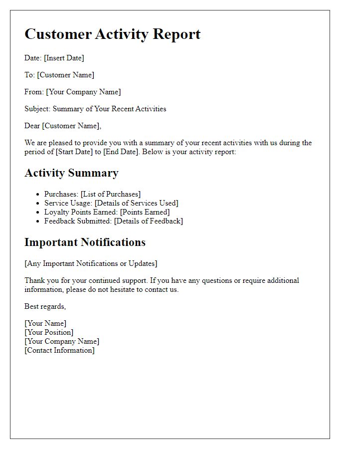 Letter template of customer activity report