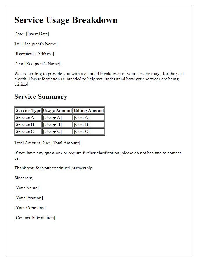 Letter template of service usage breakdown