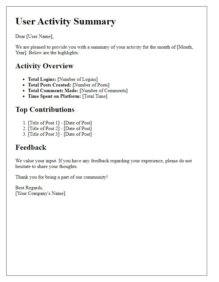 Letter template of user activity summary