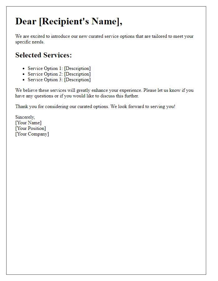 Letter template of curated service option