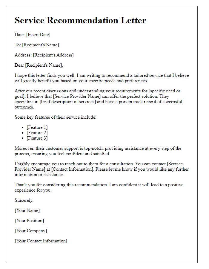 Letter template of tailored service recommendation