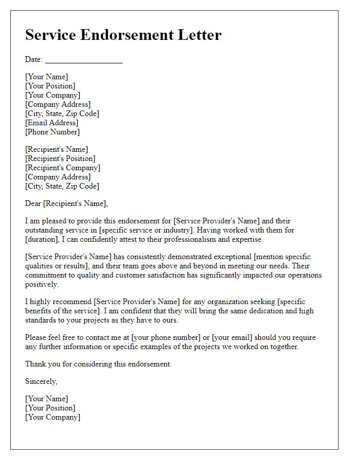 Letter template of unique service endorsement