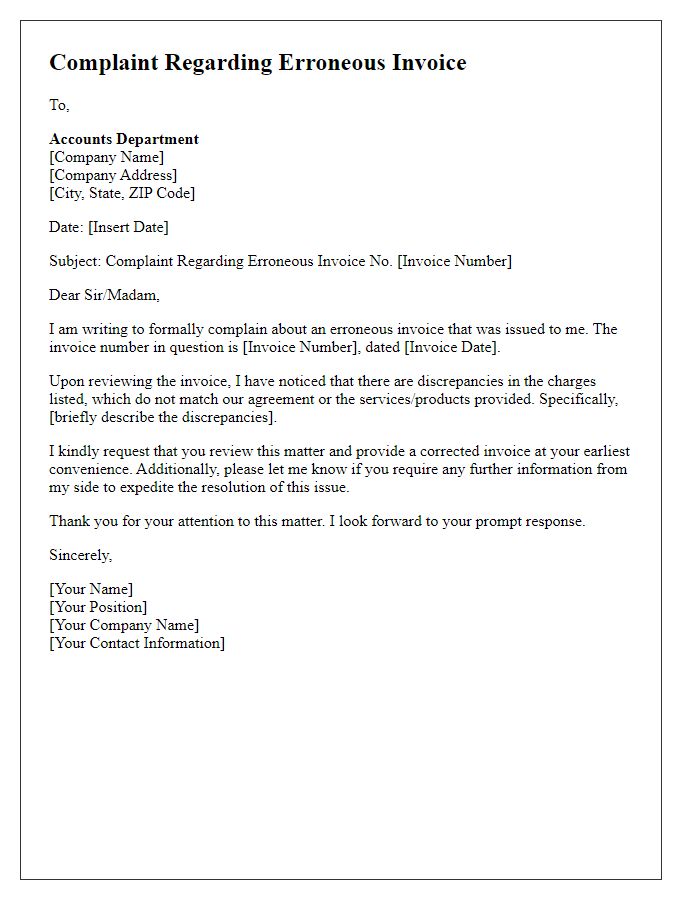 Letter template of erroneous invoice complaint