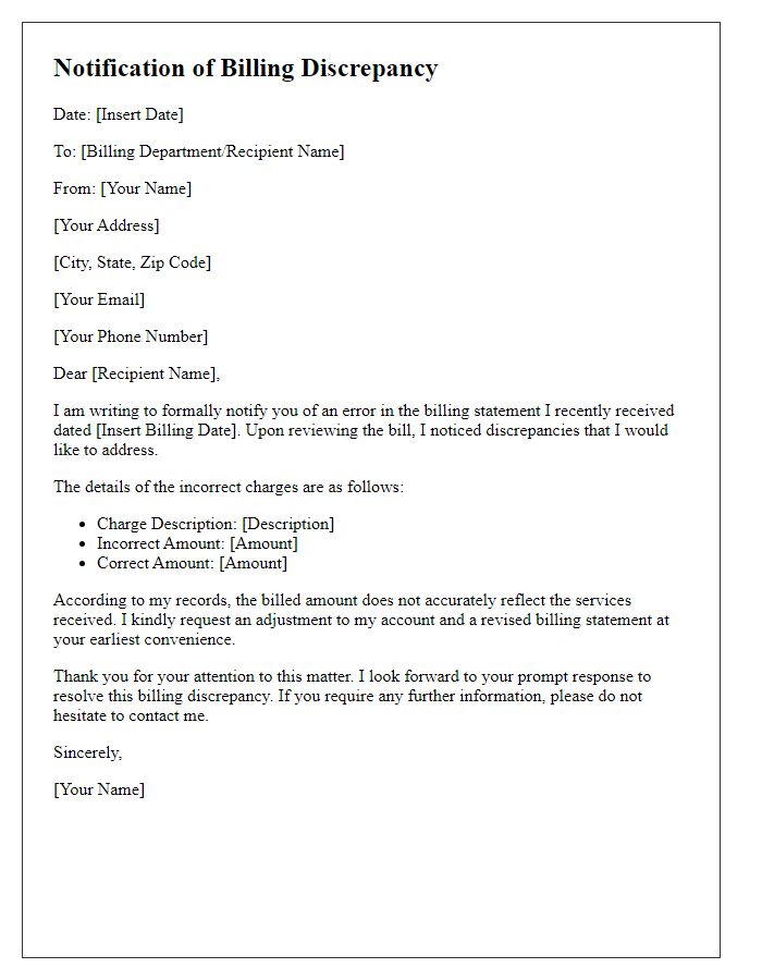 Letter template of notification for wrong billing issues