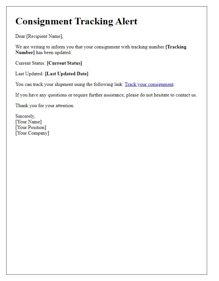 Letter template of consignment tracking alert