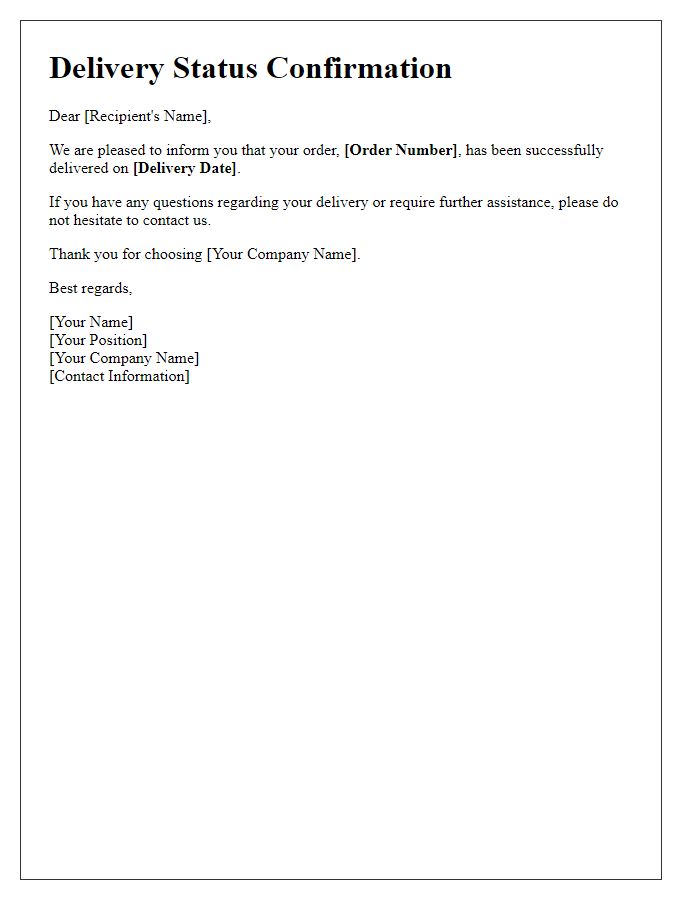 Letter template of delivery status confirmation