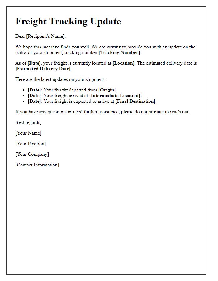 Letter template of freight tracking update