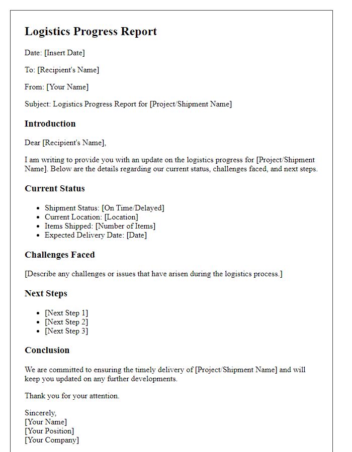 Letter template of logistics progress report