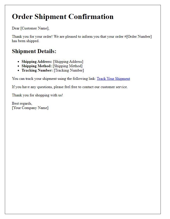Letter template of order shipment details