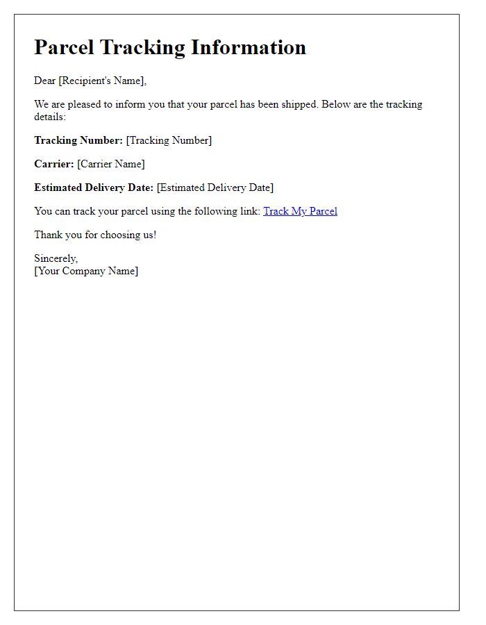 Letter template of parcel tracking information