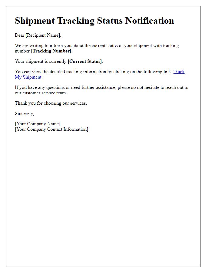Letter template of shipment tracking status notification