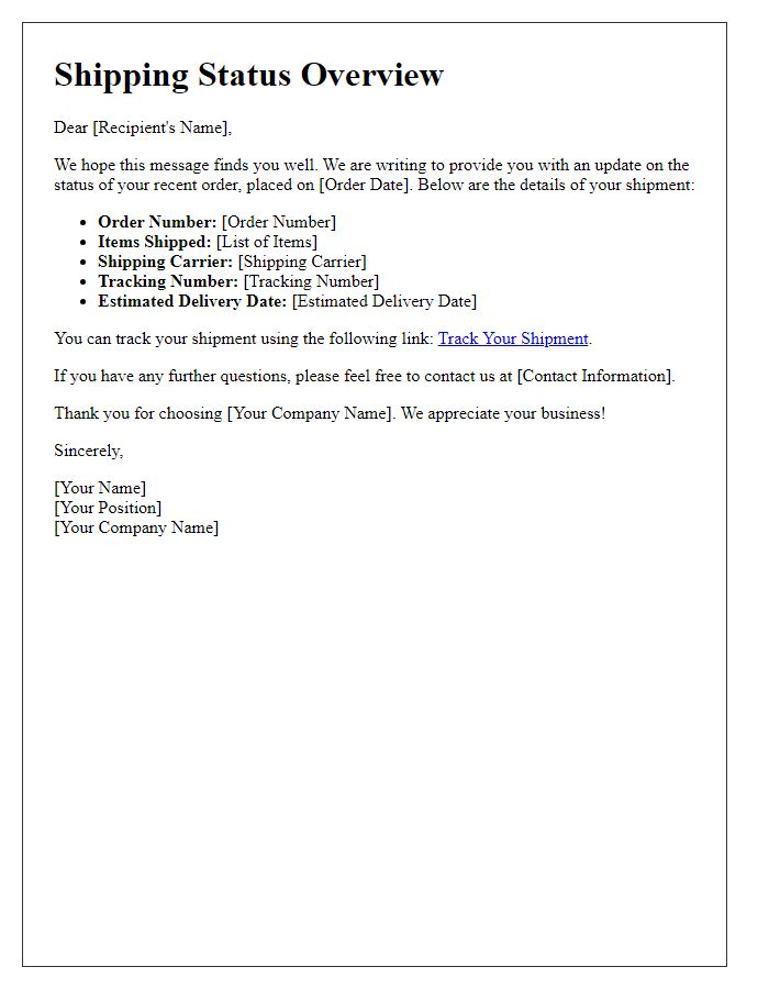 Letter template of shipping status overview