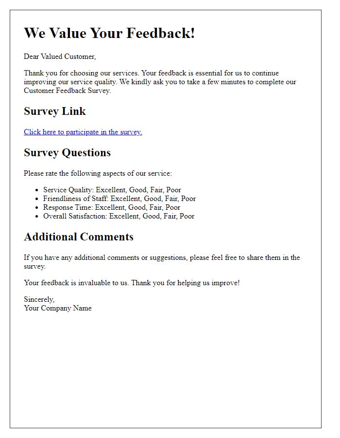 Letter template of Customer Feedback Survey on Service Quality