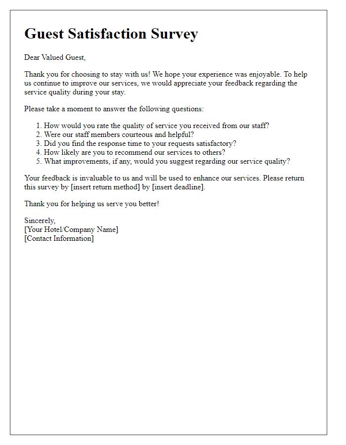 Letter template of Guest Satisfaction Survey regarding Service Quality