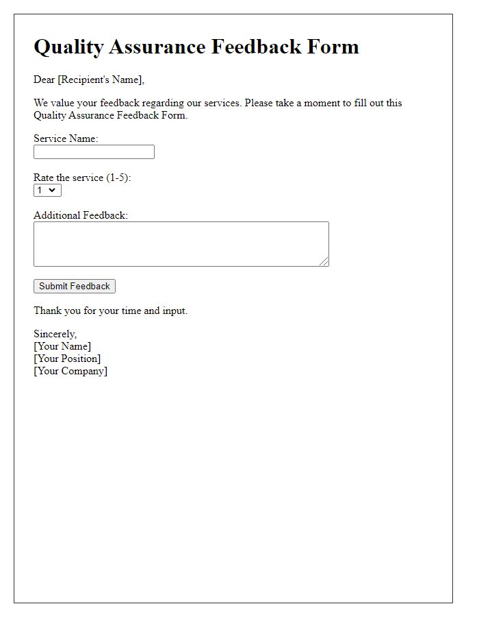 Letter template of Quality Assurance Feedback form for Services