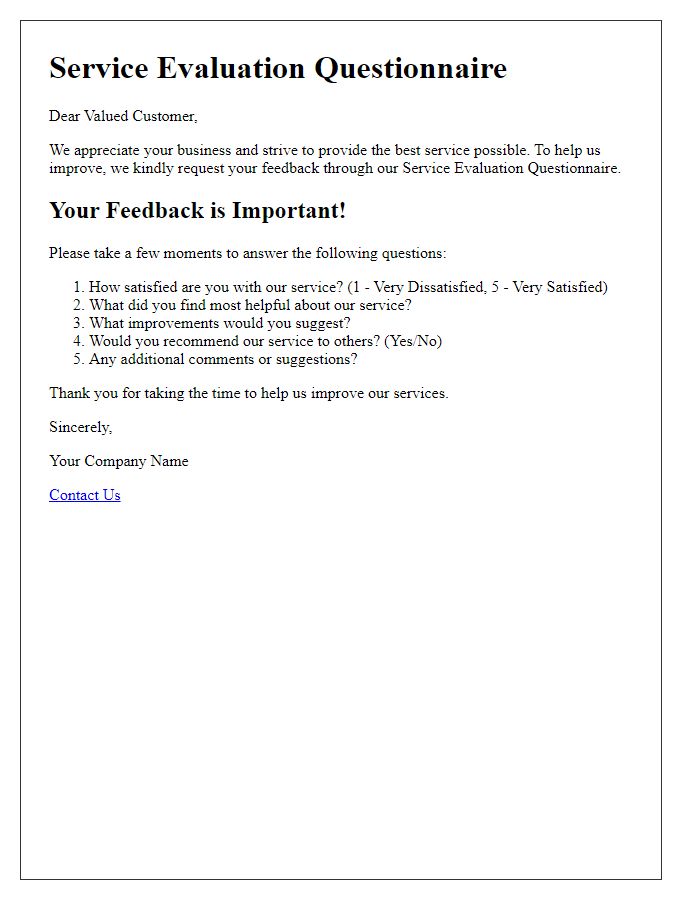 Letter template of Service Evaluation Questionnaire for Customers