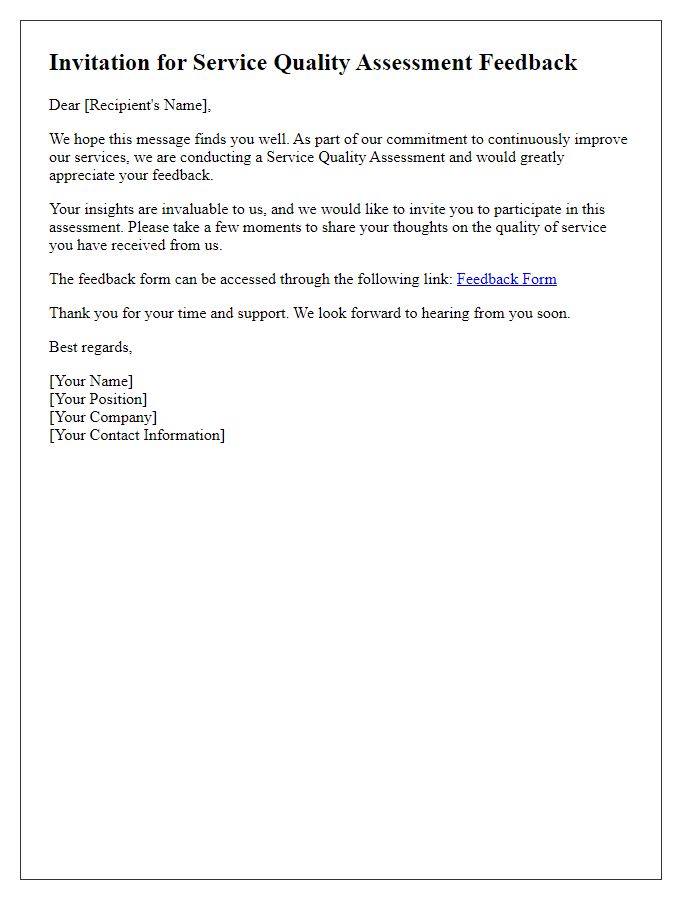 Letter template of Service Quality Assessment Feedback Invitation