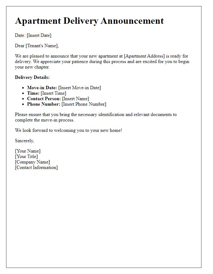 Letter template of Apartment Delivery Announcement