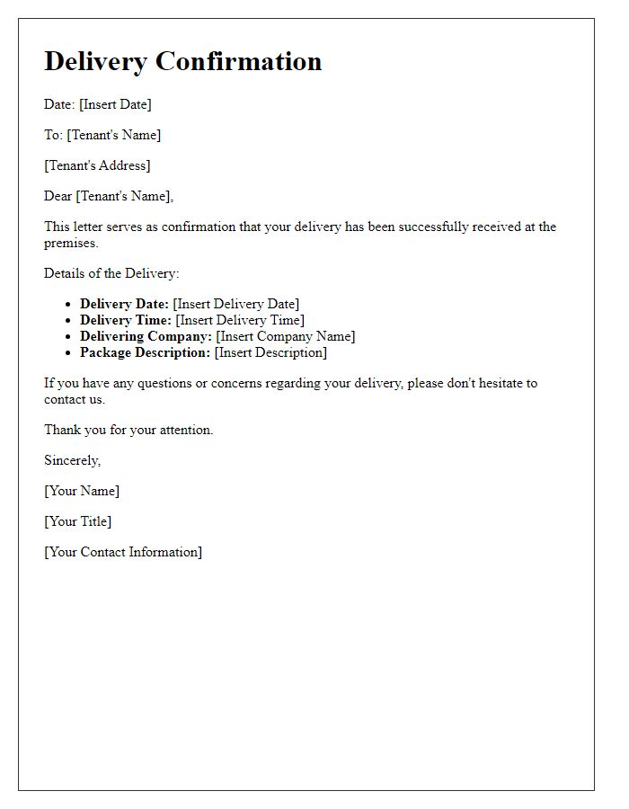 Letter template of Delivery Confirmation for Tenants