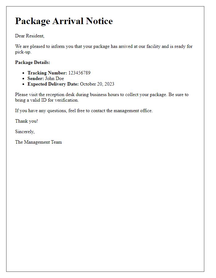 Letter template of Package Arrival Notice for Residents