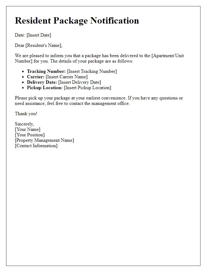 Letter template of Resident Package Notification