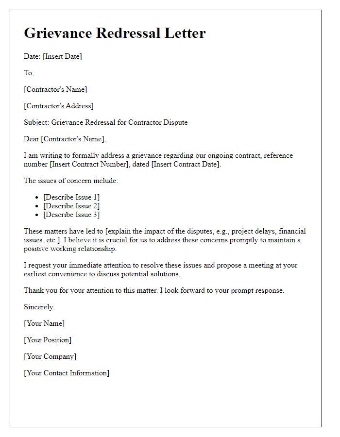 Letter template of grievance redressal for contractor disputes