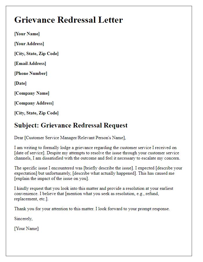 Letter template of grievance redressal for customer service issues