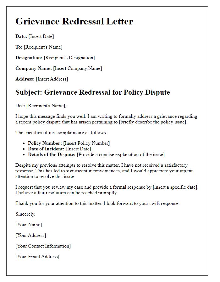 Letter template of grievance redressal for policy disputes