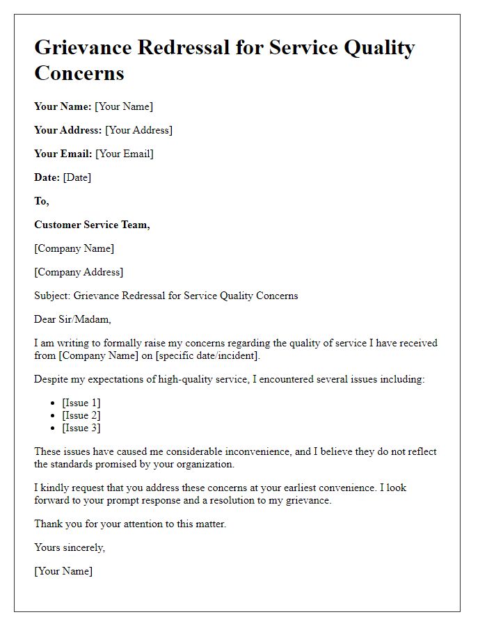 Letter template of grievance redressal for service quality concerns