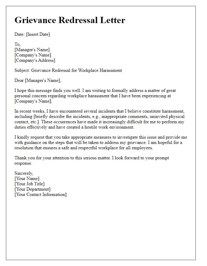 Letter template of grievance redressal for workplace harassment