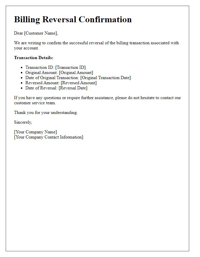 Letter template of Billing Reversal Confirmation