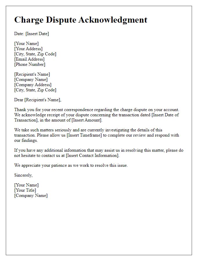 Letter template of Charge Dispute Acknowledgment