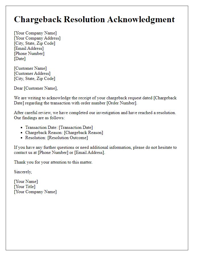 Letter template of Chargeback Resolution Acknowledgment