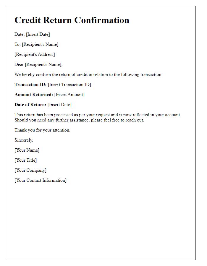 Letter template of Credit Return Confirmation