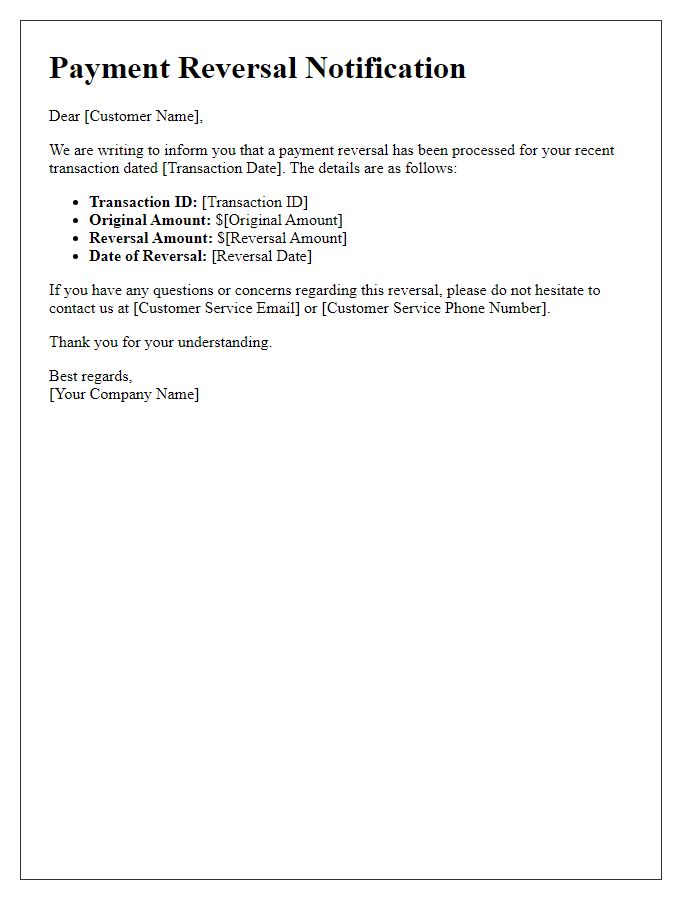 Letter template of Payment Reversal Notification