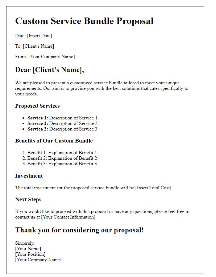 Letter template of customized service bundles for unique requirements